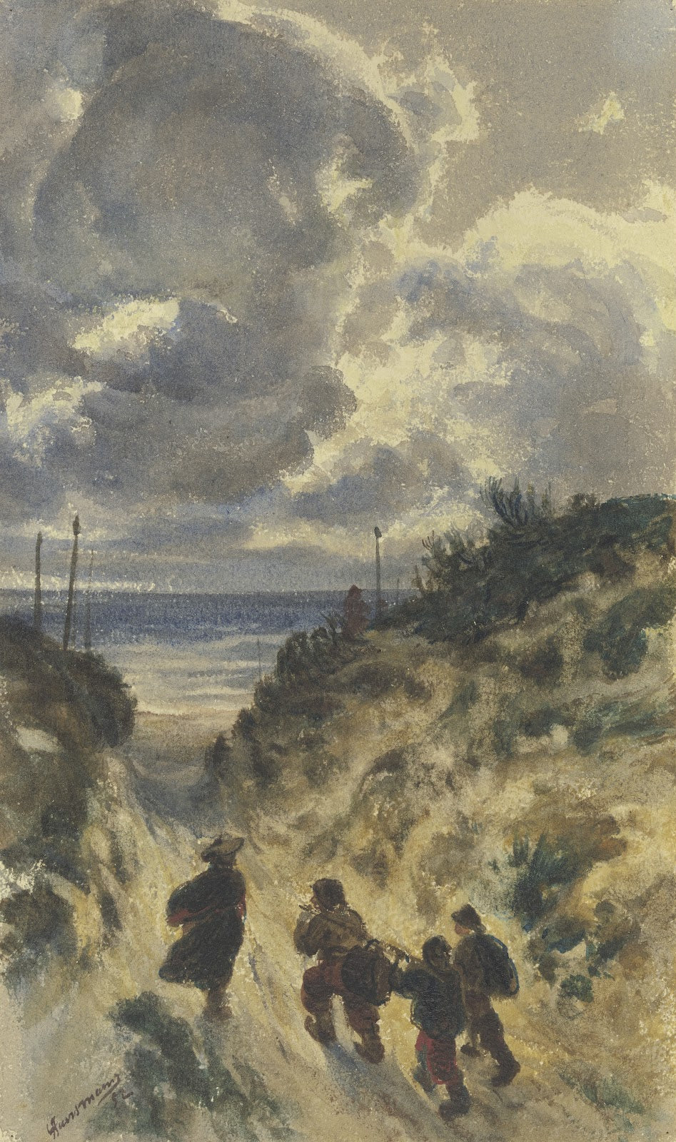 Hohlweg am Seestrand mit vier Männern 1852