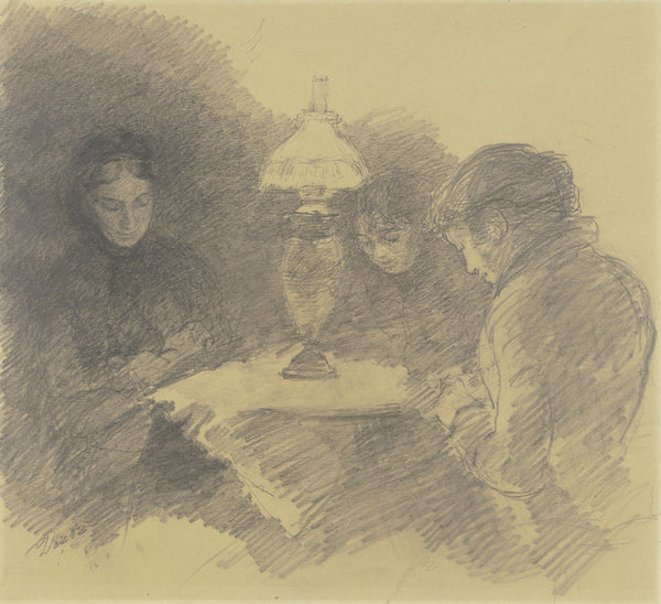Drei Frauen unter einer Tischlampe 1882