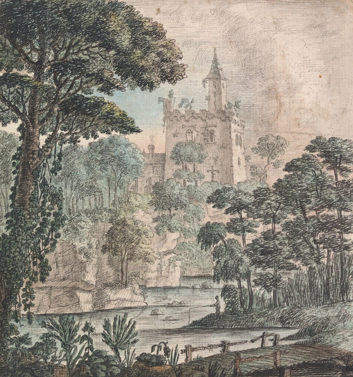 Landscape View of a Ruined Castle with River Wooden Bridge and a Figure Fishing