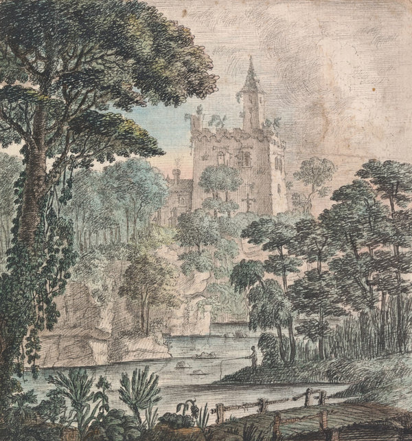 Landscape View of a Ruined Castle with River Wooden Bridge and a Figure Fishing