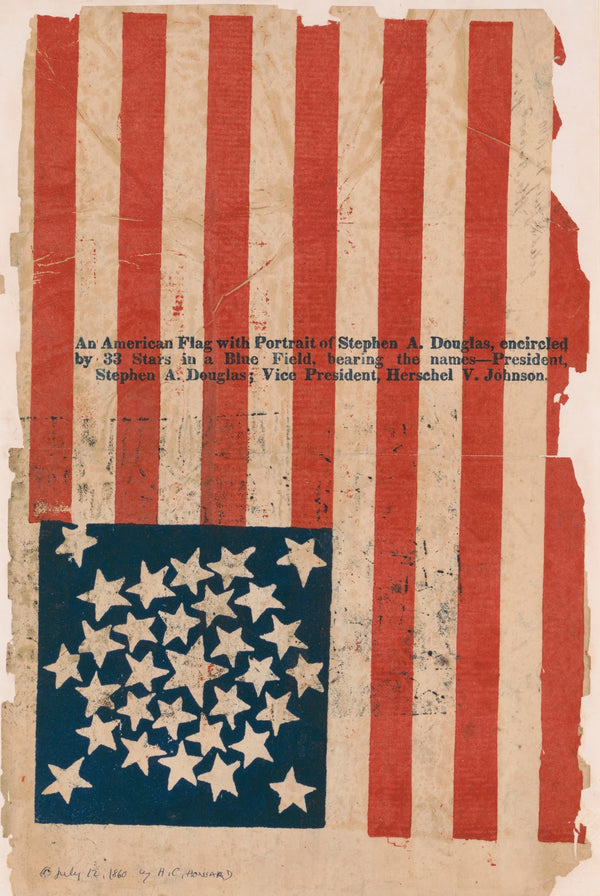 American flag campaign banner for Stephen A Douglas and Herschel V Johnson 1860