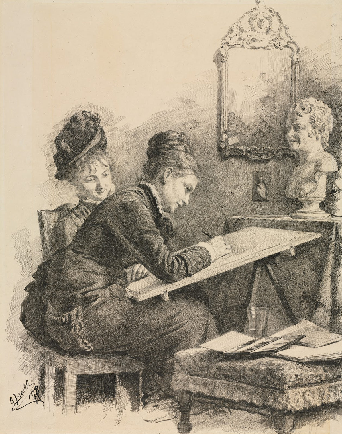 Two Women Sketching a Sculpture 1878