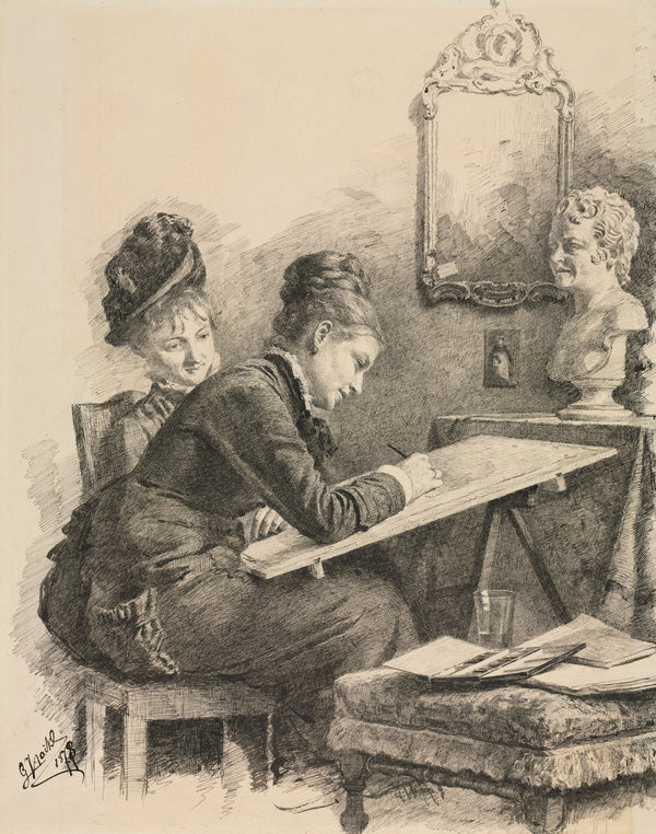Two Women Sketching a Sculpture 1878