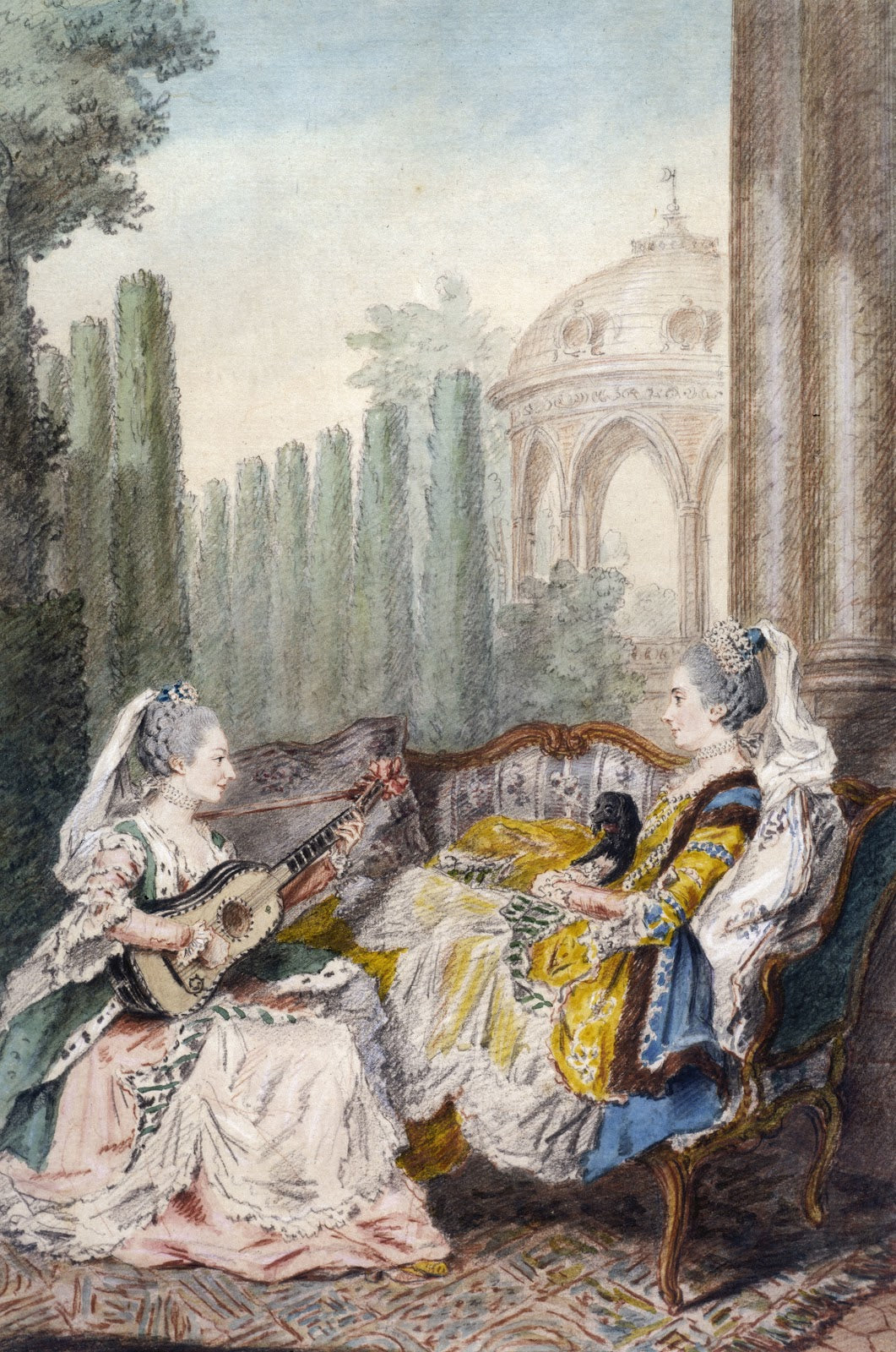 Deux femmes dont lune joue de la guitare lautre tenant un chien sur elle