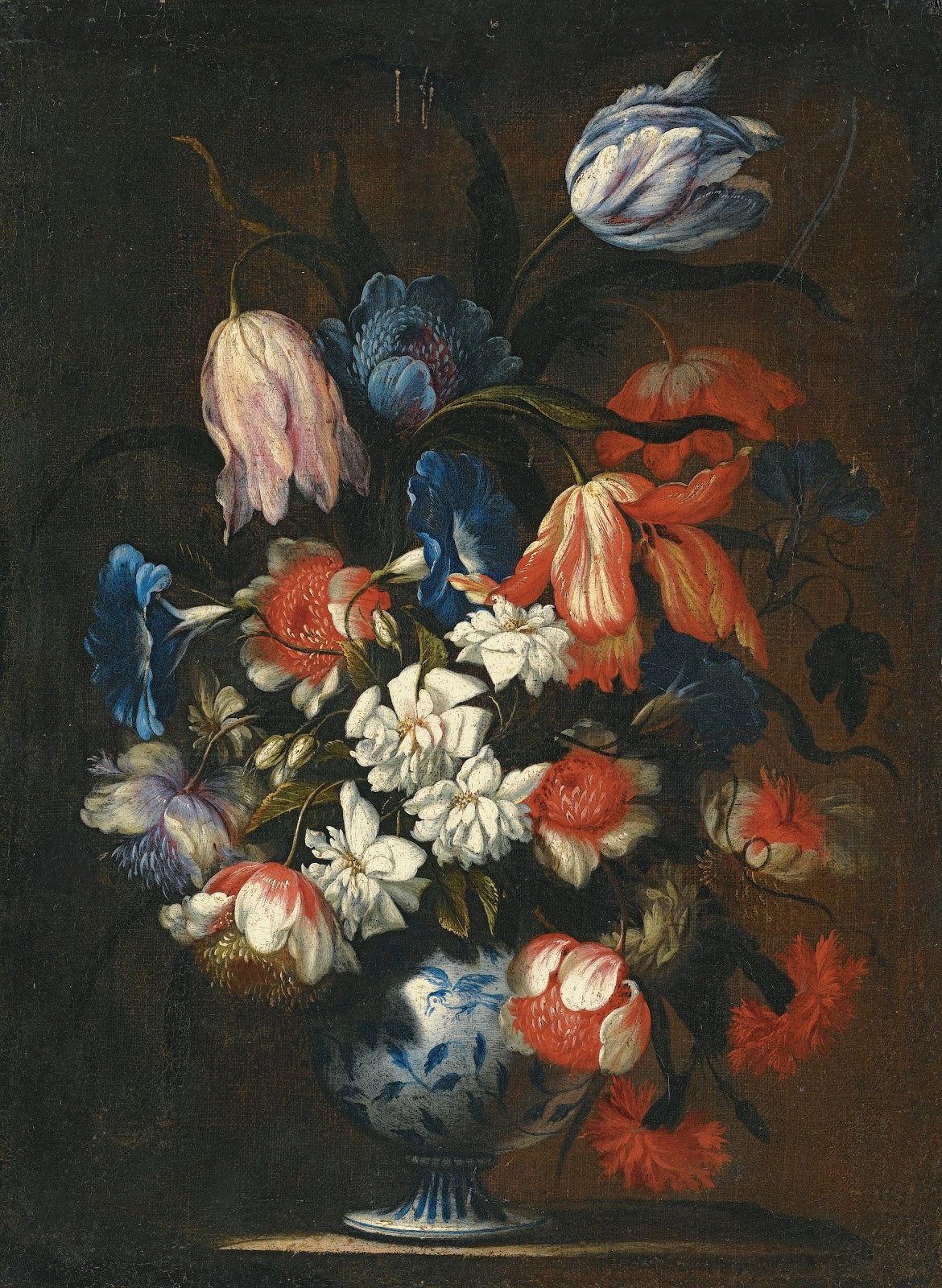 A Still Life With Tulips Carnations And Other Flowers In A Blue And White Porcel