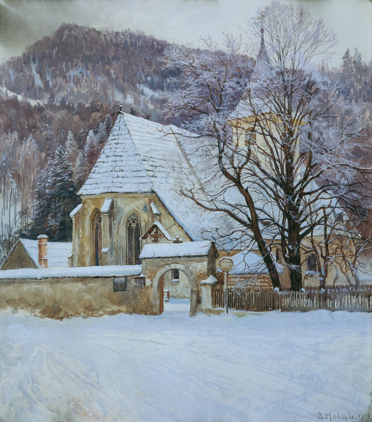 Winter im Rosenthal bei Kapellen Steiermark mit altgotischer Kirche 1915