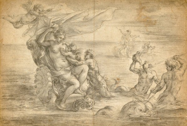 Venus Seated in Her Sea Chariot Suckling Cupid 1645