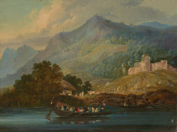 Hilly landscape with figures in a boat on the river Ganges