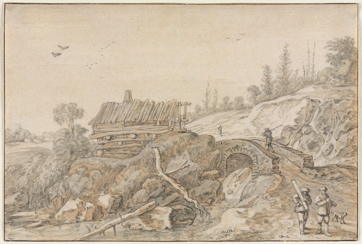 Hilly Landscape with Hut Beside a Stream 1627