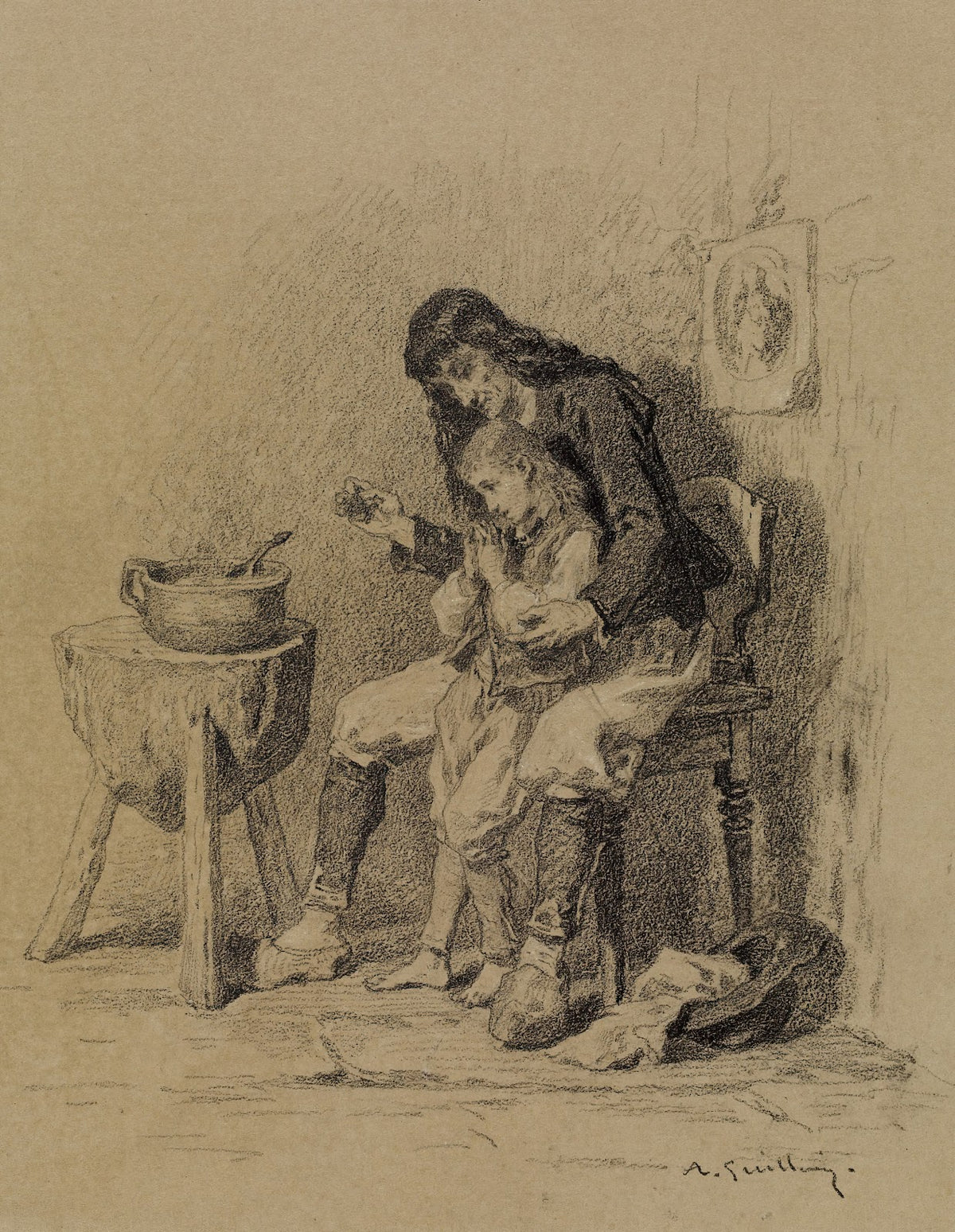 Interior Man Teaching Boy to Pray ca 1840