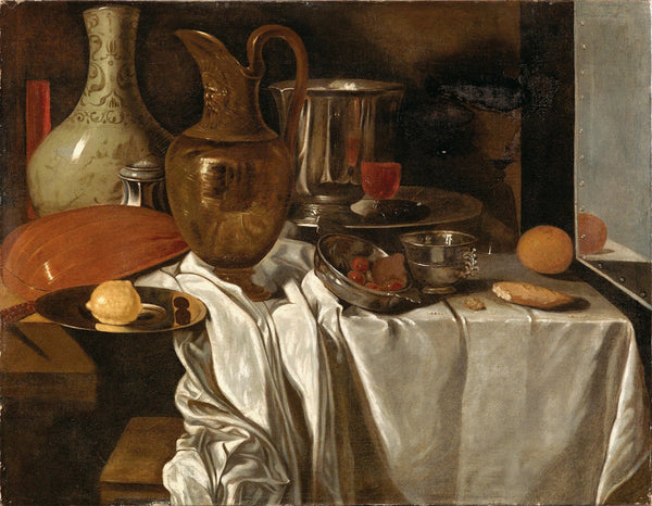 Still life with a jug a tray with a lemon a lute a ceramic vessel and other obje