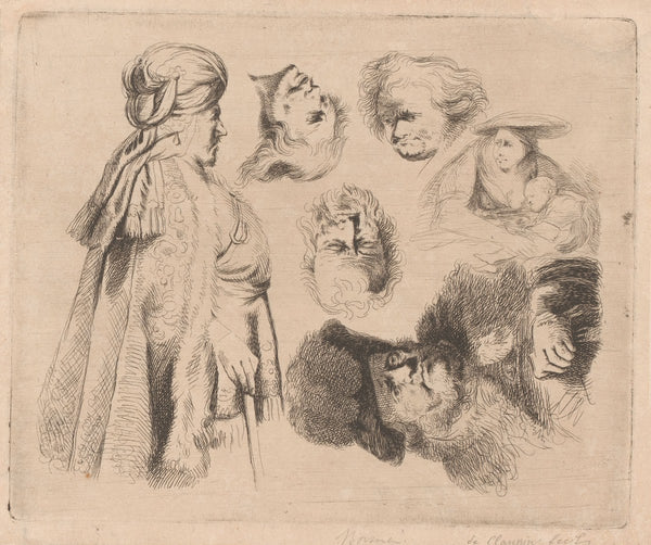 Compositie met Oosterse man vrouw met kind en vier hoofden van mannen 1805 1844