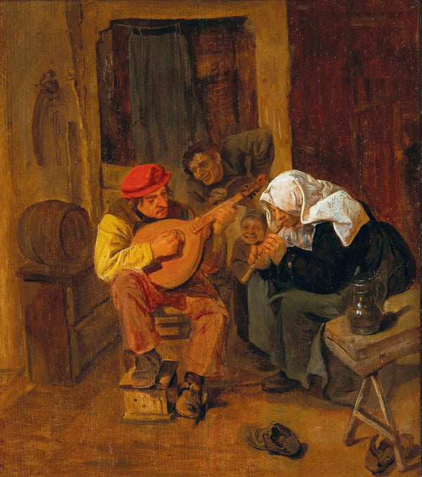 An interior with peasants making music