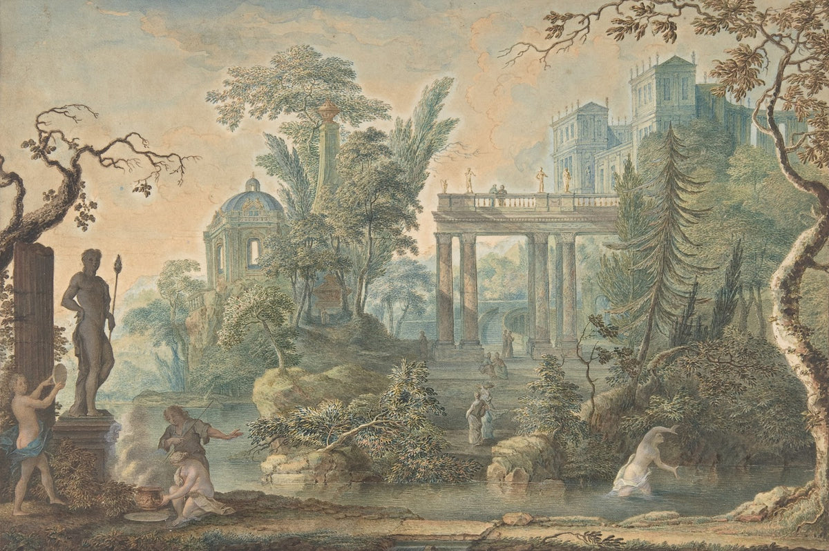 Arcadian Landscape with several Figures and a Statue of Apollo 18th century