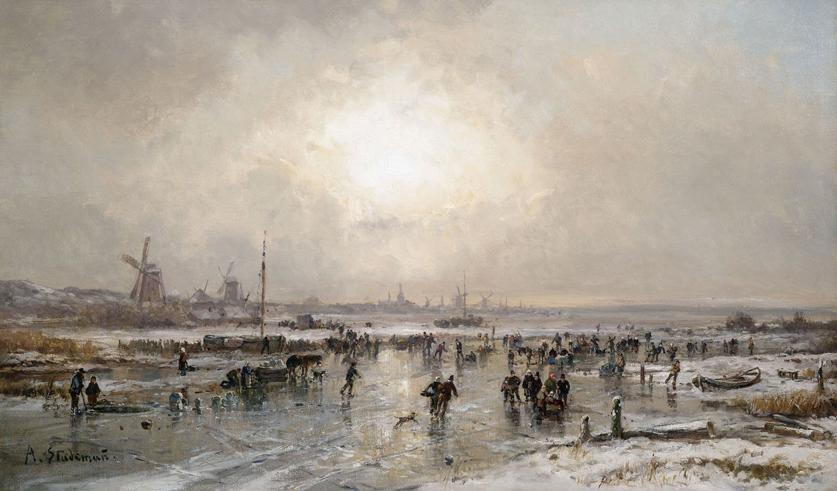 Winterliches Eisvergnügen auf einem zugefrorenen Kanal vor holländischer Stadtsi