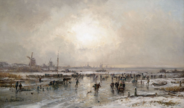 Winterliches Eisvergnügen auf einem zugefrorenen Kanal vor holländischer Stadtsi
