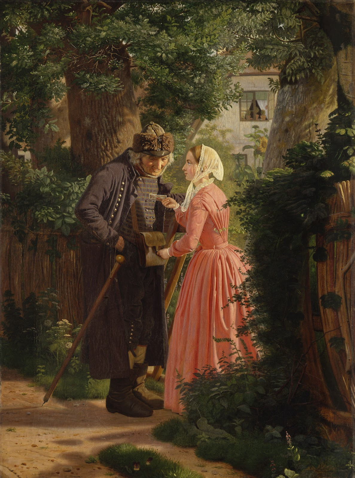 En ung pige beder landsbyens gamle postbud besørge et brev 1858