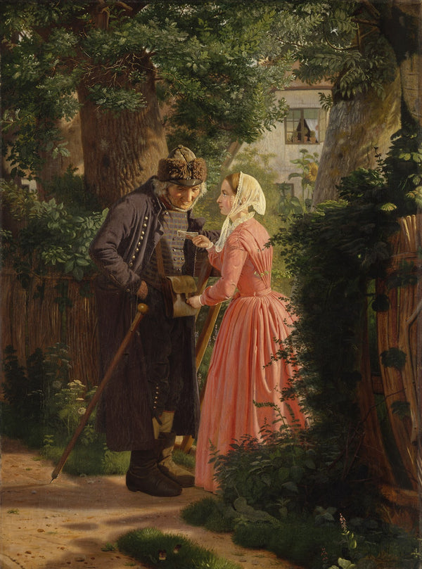 En ung pige beder landsbyens gamle postbud besørge et brev 1858