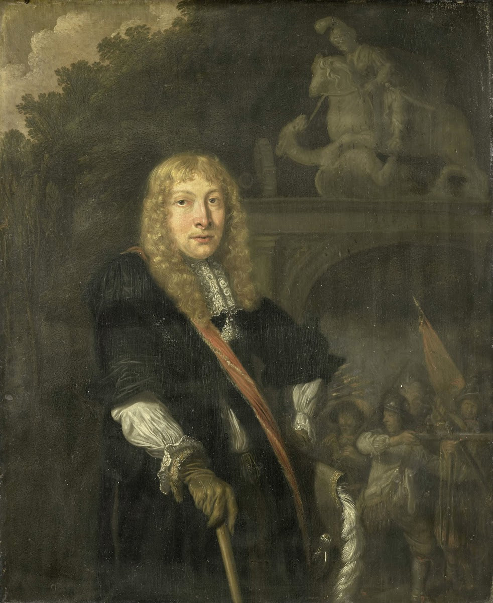Portrait of an officer of the Leiden civic guard in front of the gate of the hea