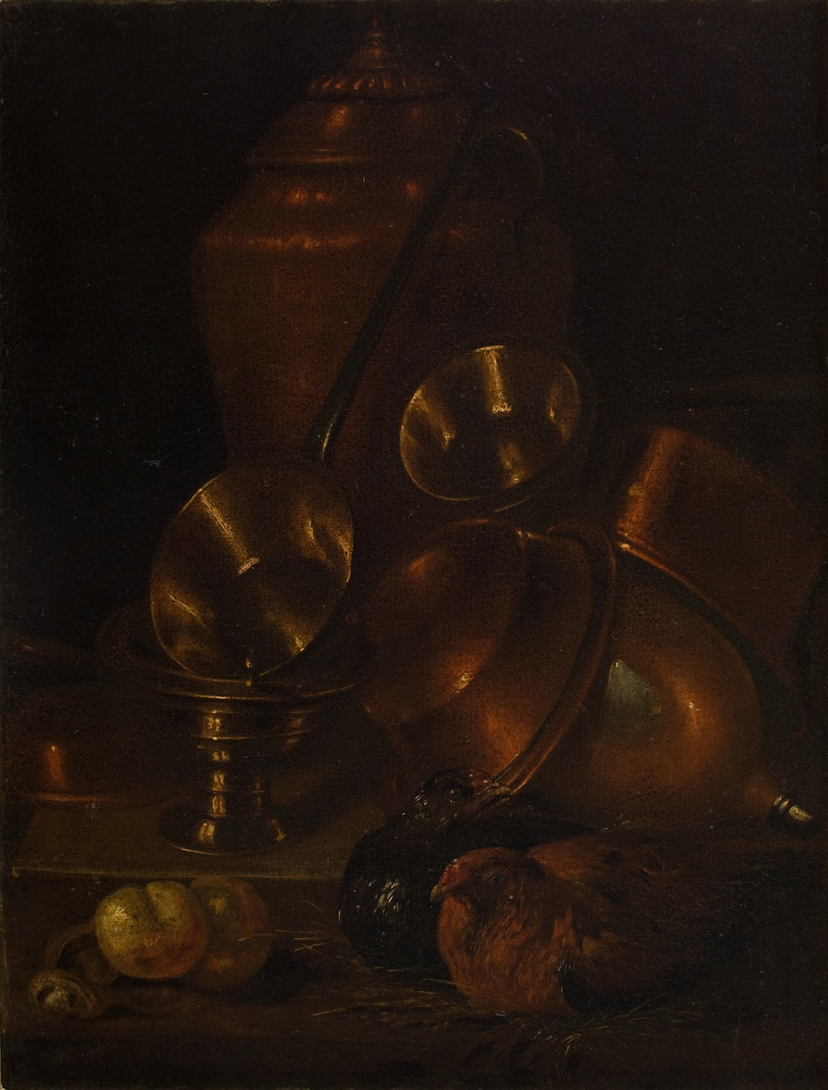 Still Life Hen with Brass and Copper Vessels