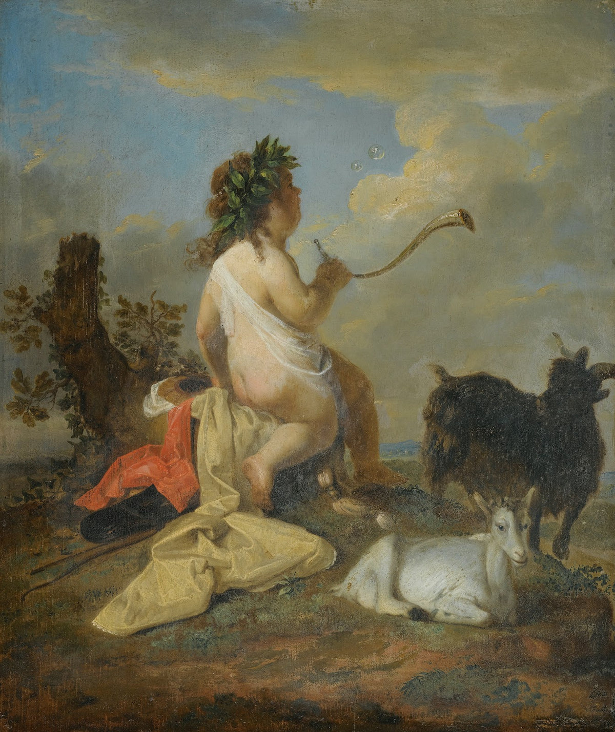 An Allegory Cupid Blowing Bubbles With Two Goats 17th Century