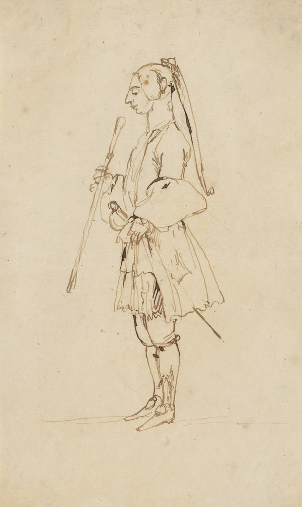 Man with a Long Pigtail and a Stick Standing in Profile to the Left earlymid 18t
