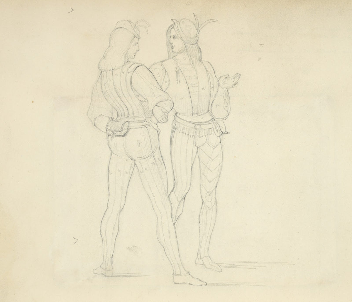 Two men wearing tights doublets belts with purses and hats Lucan Signorelli de C