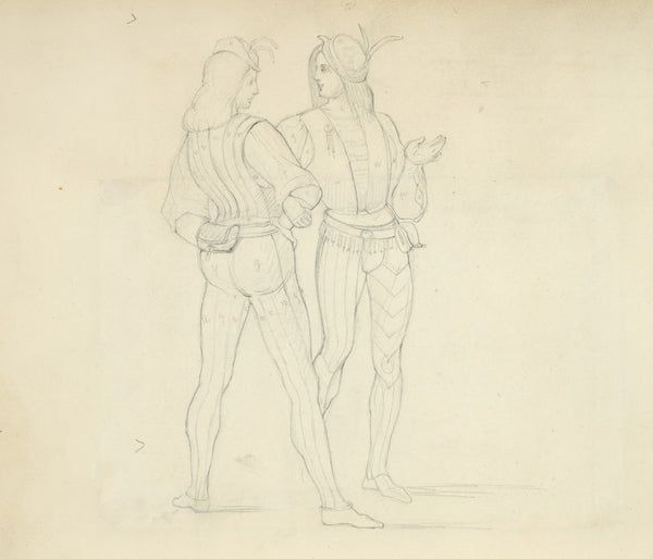 Two men wearing tights doublets belts with purses and hats Lucan Signorelli de C