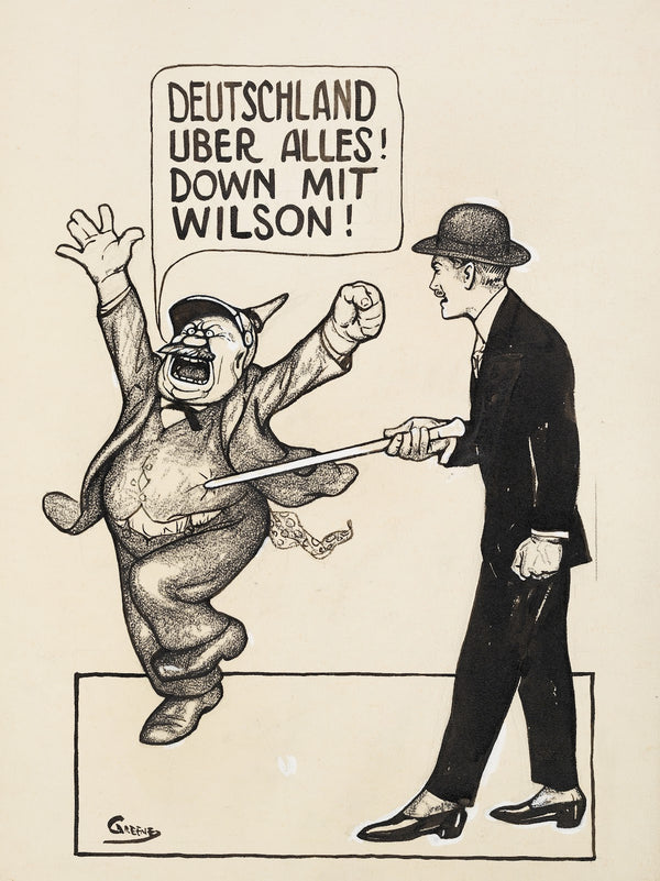 A man uses his cane to poke a fat man who is shouting Deutschland uber allies Do