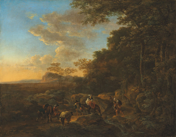 A wooded landscape with travellers crossing a ford