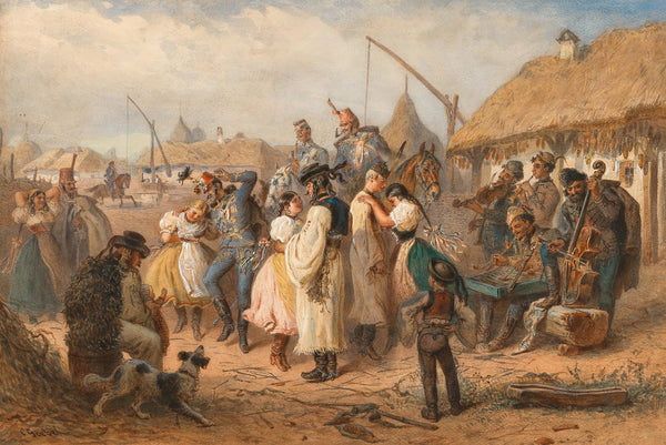 In the Hungarian Pustza soldiers and girls dancing