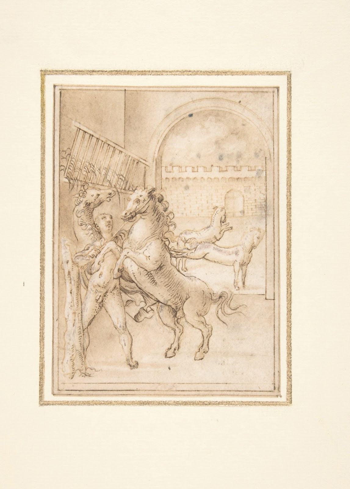An Allegory Male Nude in a Stable with Four Wild Horses ca 1512after 1593