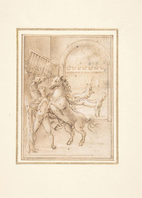 An Allegory Male Nude in a Stable with Four Wild Horses ca 1512after 1593
