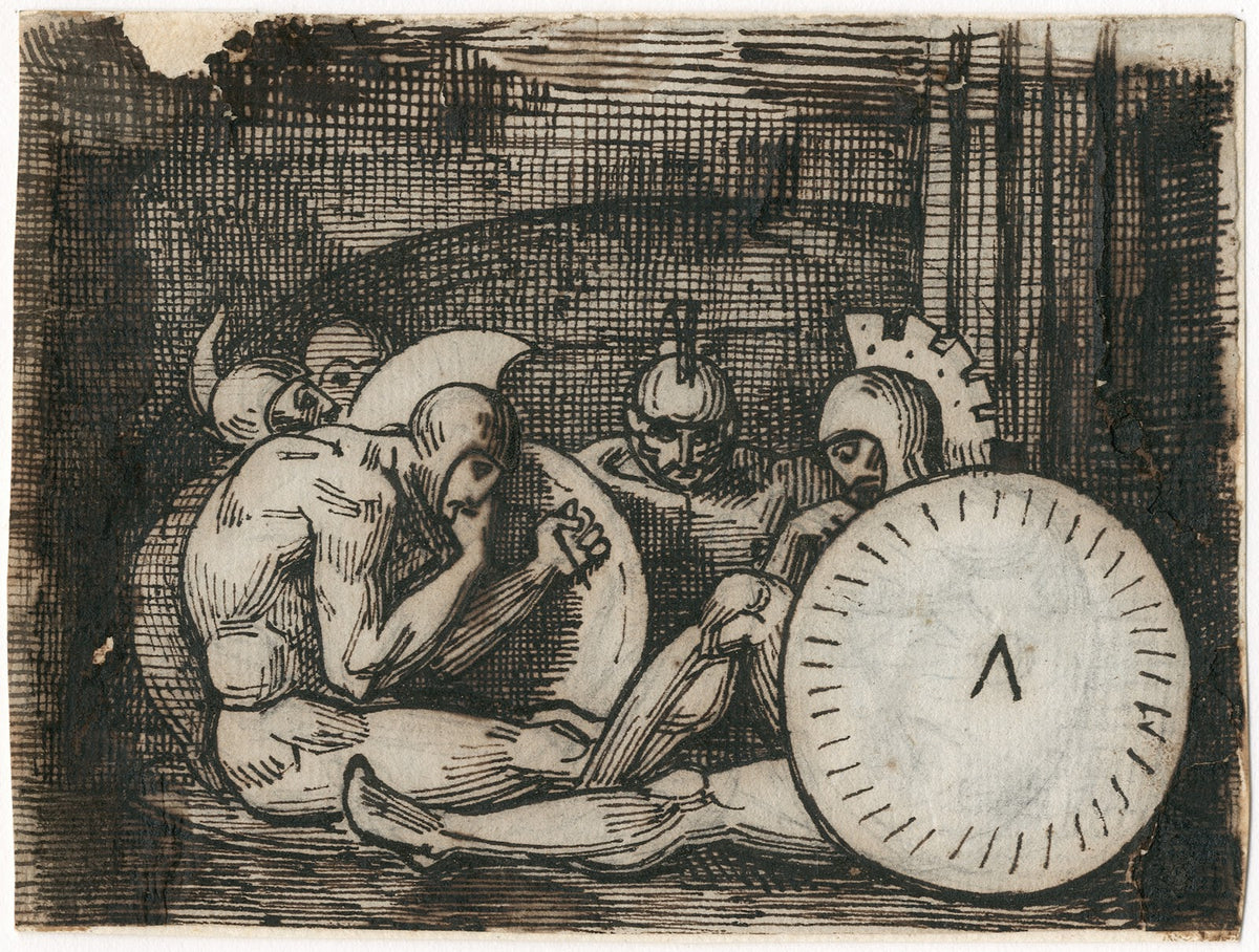 Groep zittende krijgers met klassieke wapenrusting