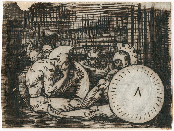 Groep zittende krijgers met klassieke wapenrusting