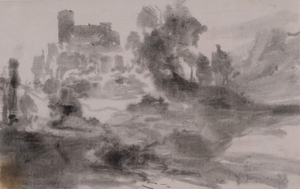 Landschaft mit Burg oder Kirche ca 1836
