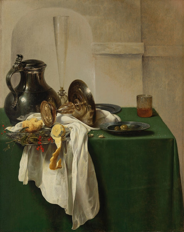 Pewter jug and silver tazza on a table 1633