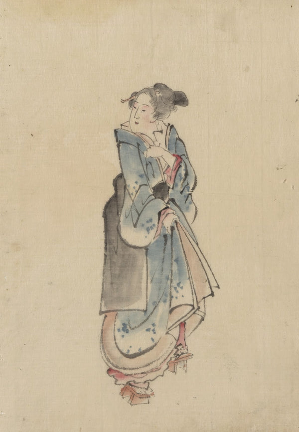 A woman walking to the right full length portrait facing left wearing kimono and