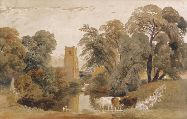 Landscape withcattle geese aladywashing clothes beside a river and achurch tower