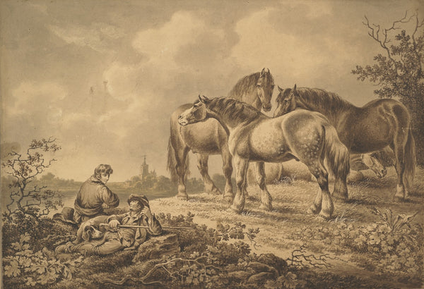 Landscape with horses and men circa 1810