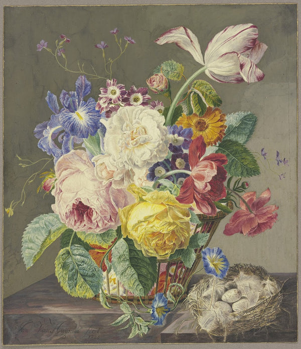 Flowers in a Woven Basket and a Birds Nest 1733