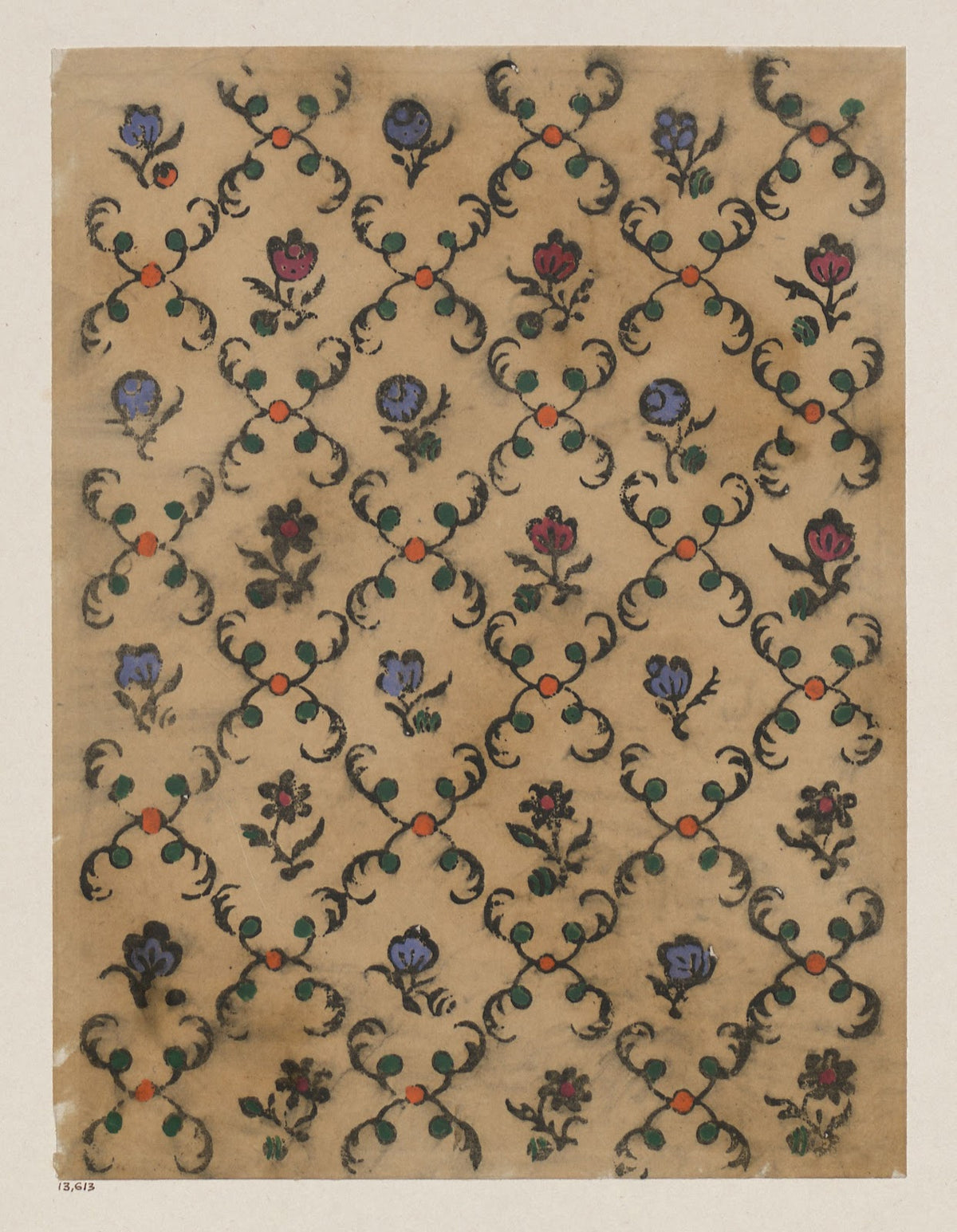 Handkolorierter Holzschnitt Rautendekor 1900   1913