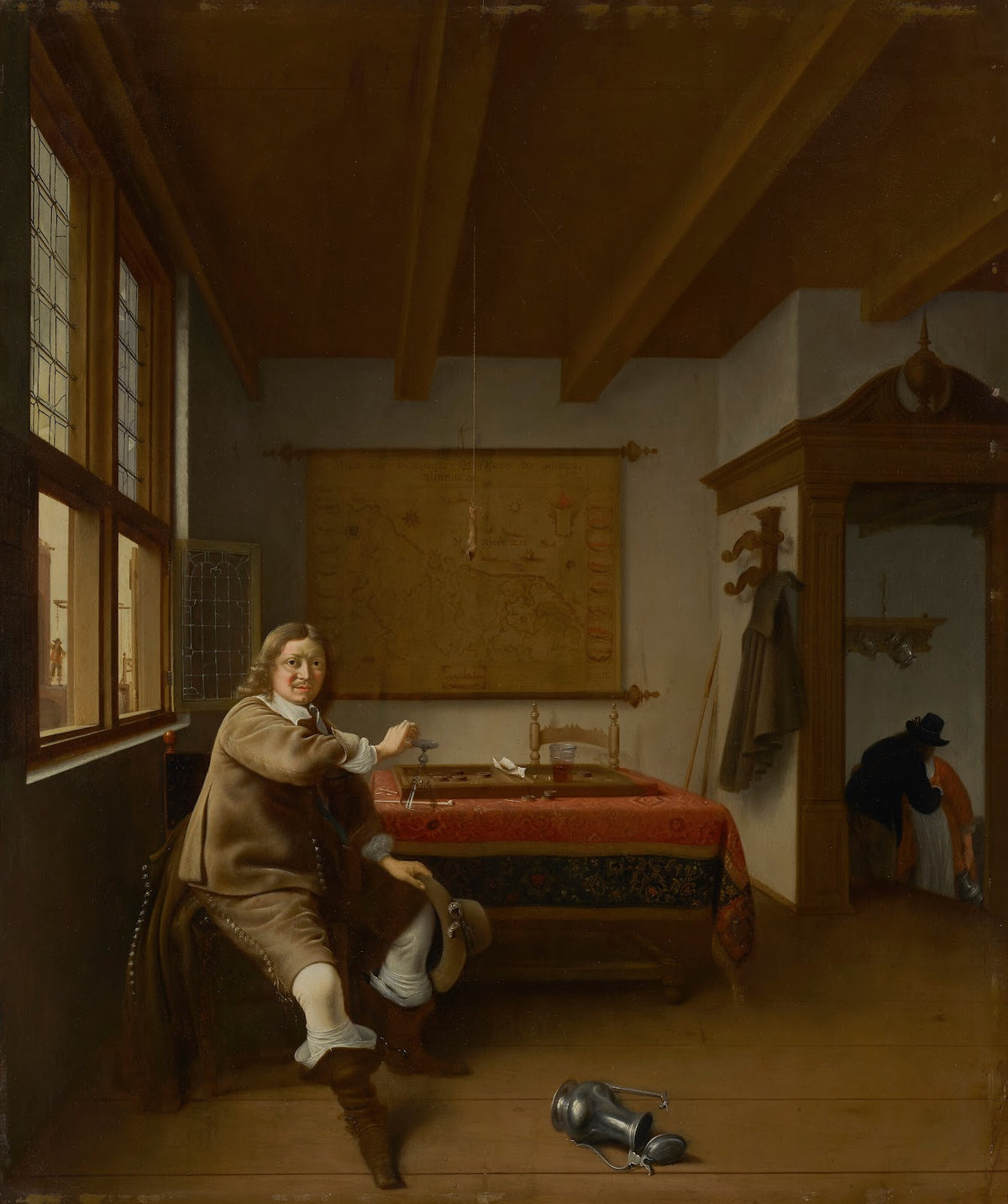 A man holding an overturned wine glass in an interior with two servants kissing