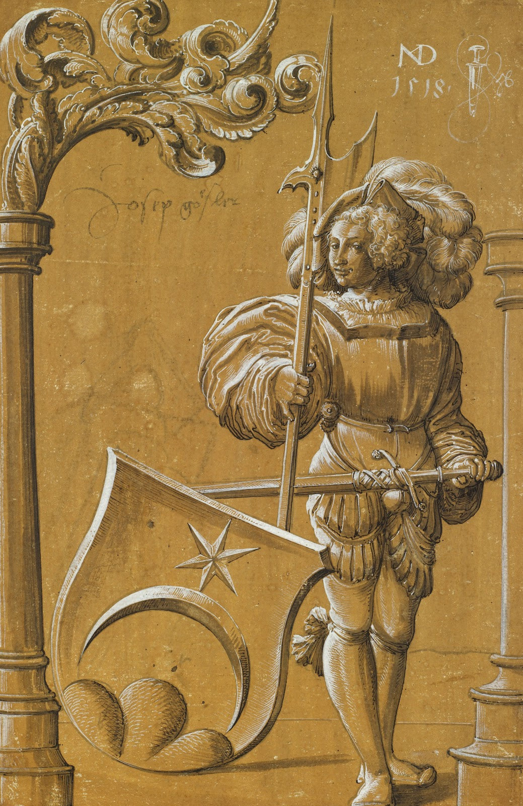 Scheibenriss mit Schildhalter und dem Wappen Jenner 1518