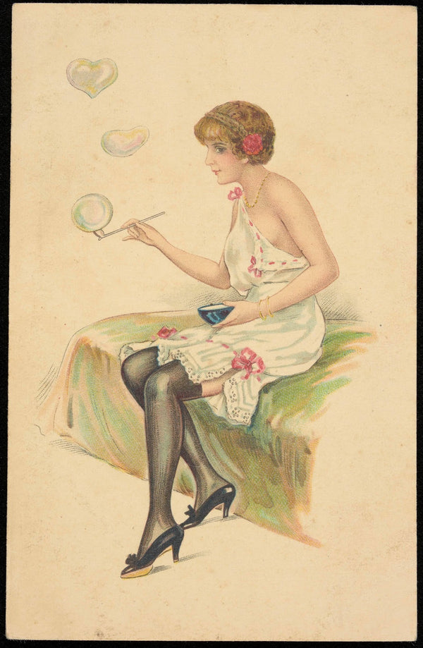A woman in a negligee blows soap bubbles 20th century