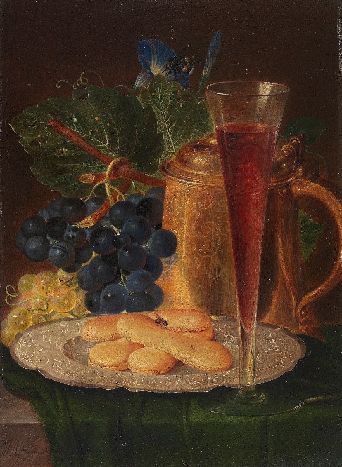 Stillleben mit prunkvollem Bierhumpen feinem Glas Gebäck und Weintrauben 1833