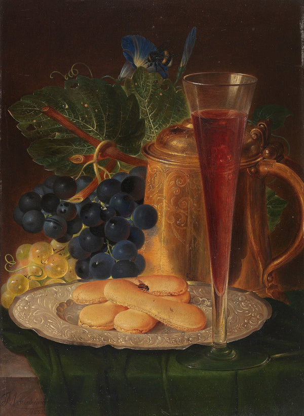 Stillleben mit prunkvollem Bierhumpen feinem Glas Gebäck und Weintrauben 1833