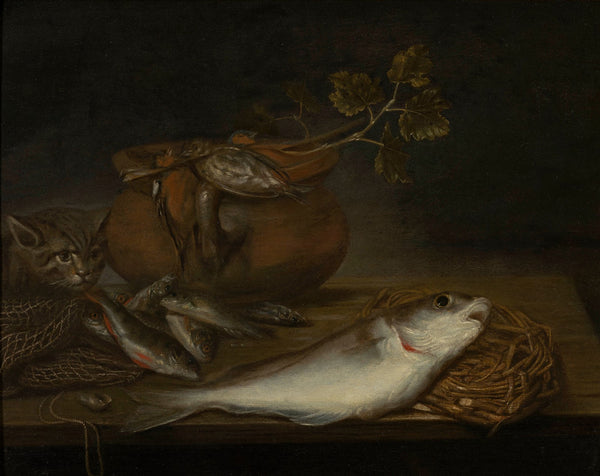 Stilleven met vissen vogels en een kat
