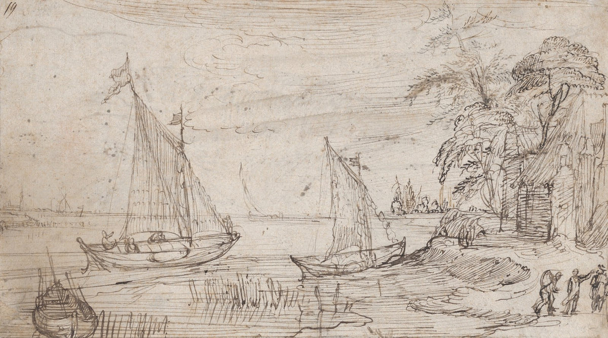 Riverscape with Two Sailboats and Several Figures early 17th century