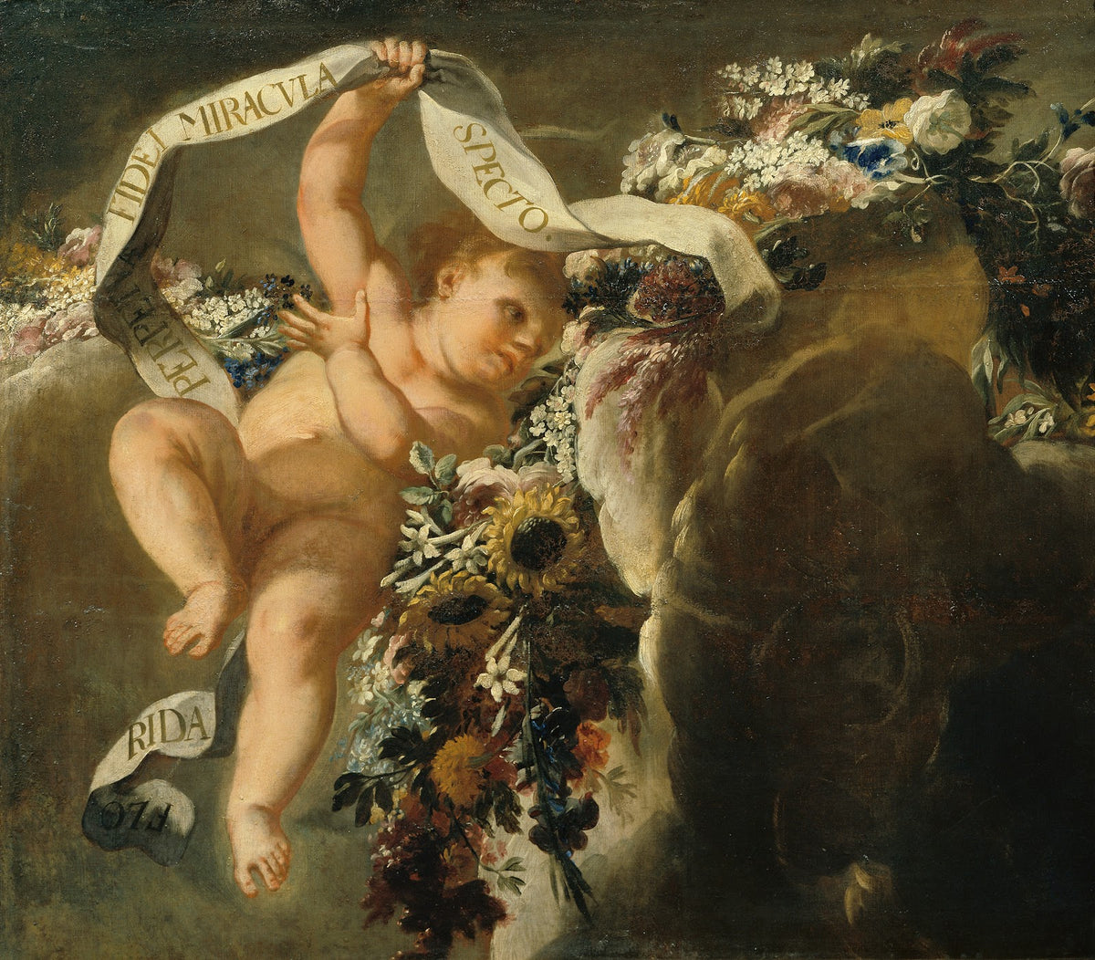 Putto mit Blumengewinde und Spruchband 1698 1699